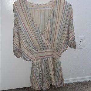 Tan and Blue V-neck Dolman Sleeve Blouse with Wrap Peplum Style